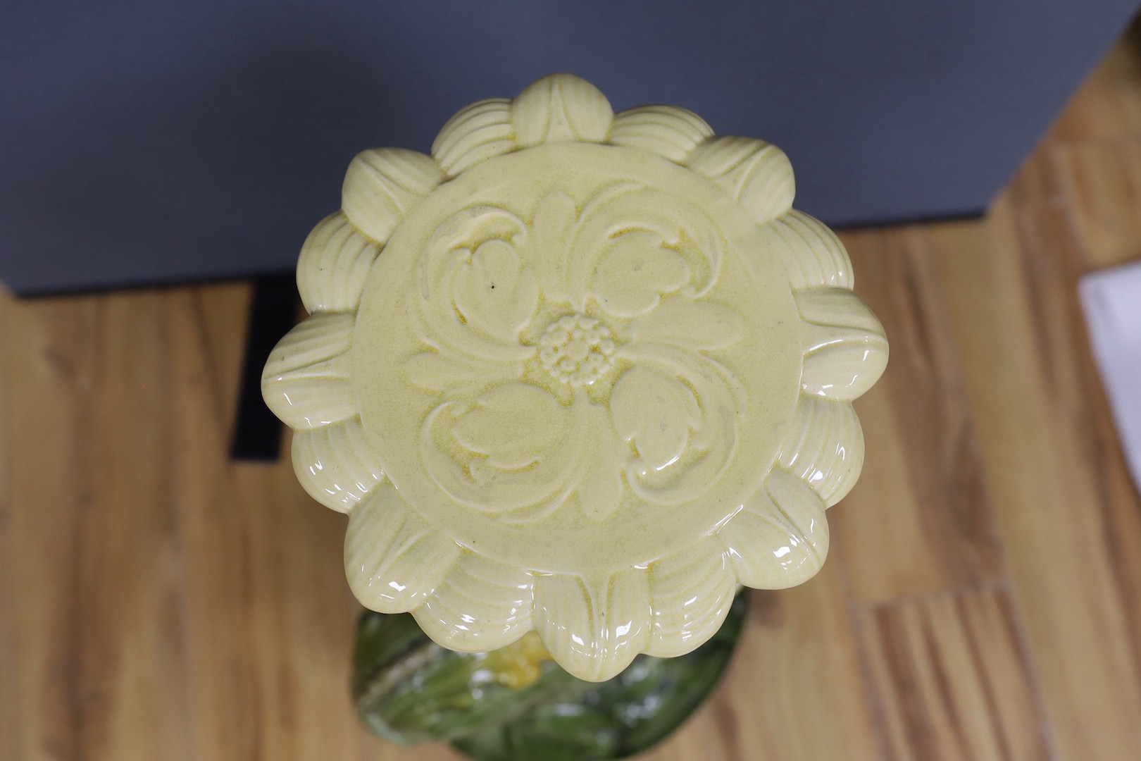 A Leeds pottery floral jardinière, on rearing fish-tail pedestal - 114cm high